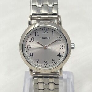 Carriage Easy Reader Watch Women 28mm Silver Tone Matte Stretch Band New Battery